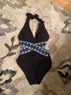 Cupshe Black Halter One-Piece Swimsuit with Blue & White Trim